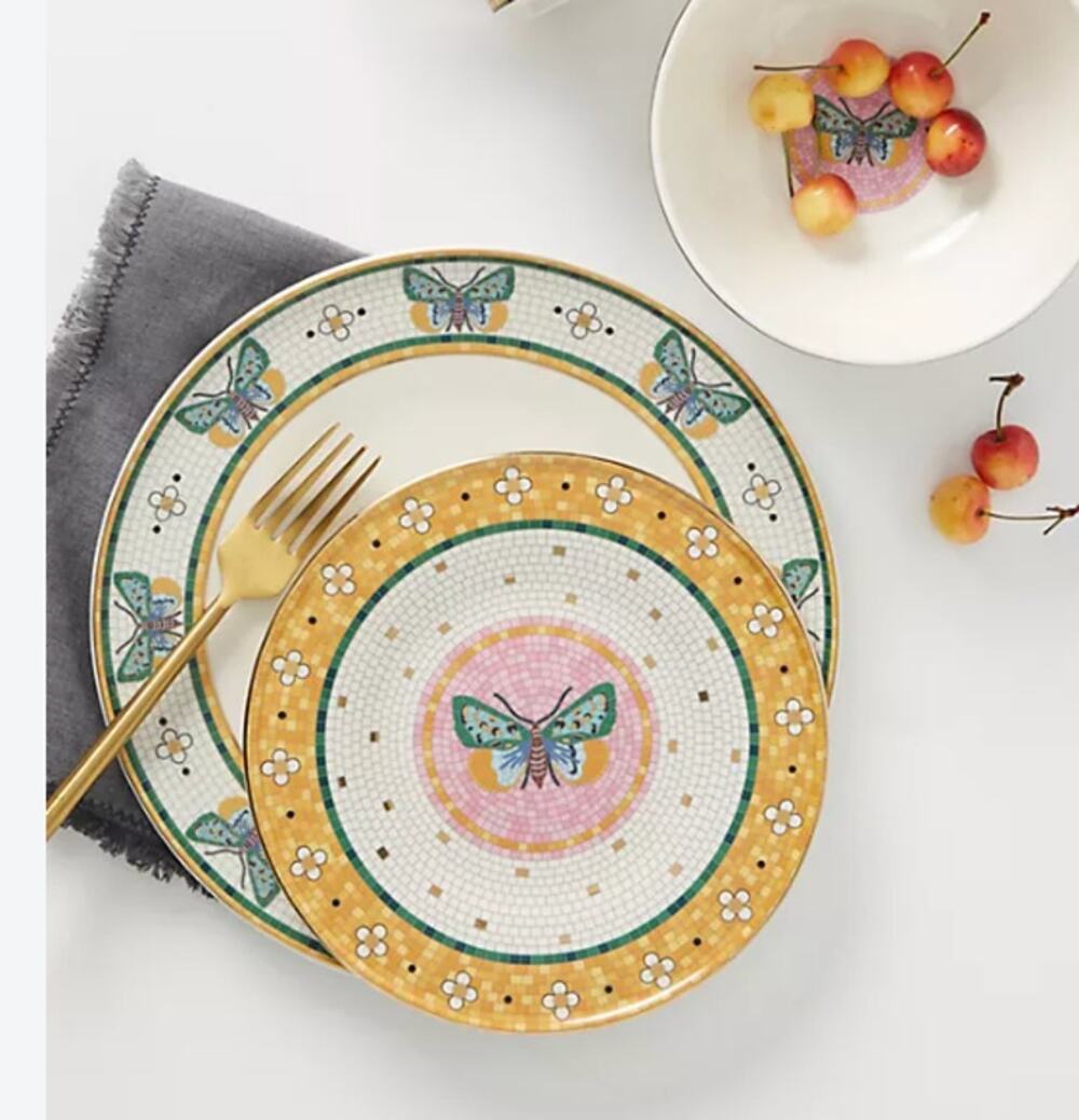 Anthropologie Bistro Tile Stoneware 24k Gold Accent Garden Dessert Plate